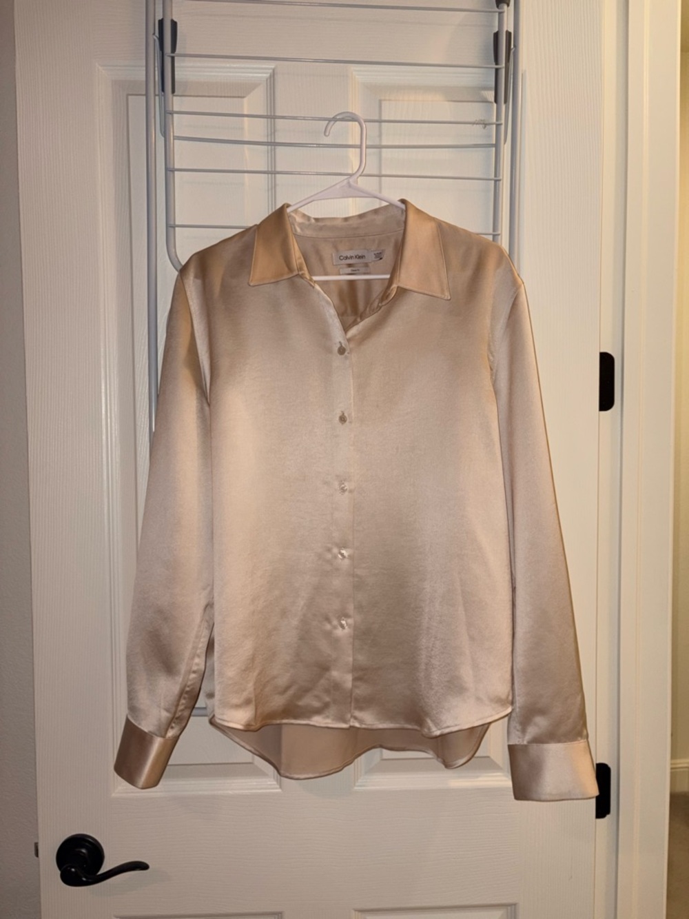Calvin Klein Satin Button-Down Shirt in Champagne Beige
